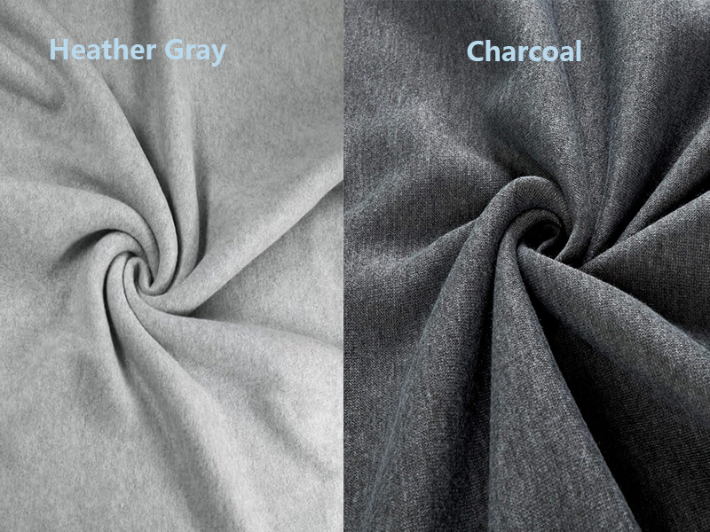 Side-by-side comparison of heather gray and charcoal knit fabric textures in close-up.