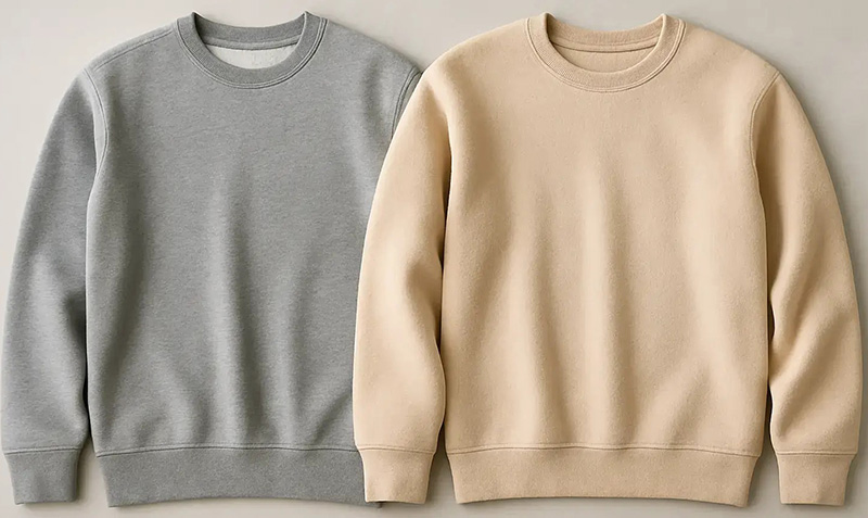 Two crewneck sweatshirts displayed side by side in gray and beige.