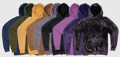 Hoodies displayed in multiple colors including blue, green, mustard, brown, gray, black, purple, and dark tie-dye.