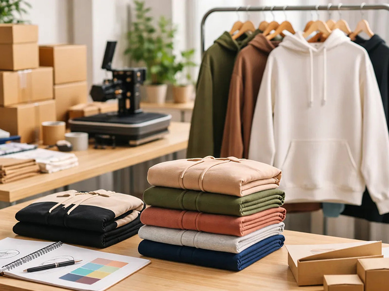 Custom apparel workspace with folded hoodies, hanging sweatshirts, packaging boxes, and printing equipment.