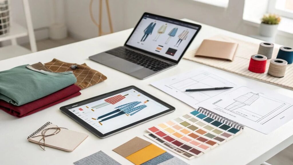 Fashion design workspace with laptop, tablet, sketches, fabric swatches, and color palette cards