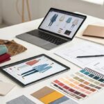 Fashion design workspace with laptop, tablet, sketches, fabric swatches, and color palette cards