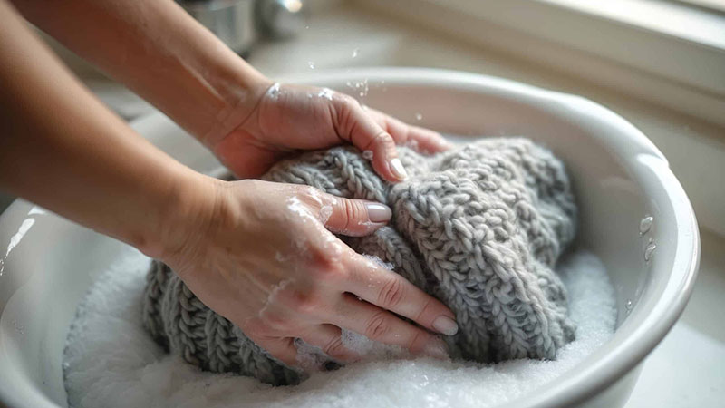 Hands hand-washing a chunky gray knit sweater in a basin of soapy water
