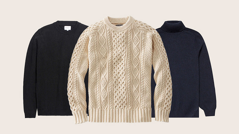 Three knit sweaters shown in black, cream cable-knit, and navy turtleneck styles.