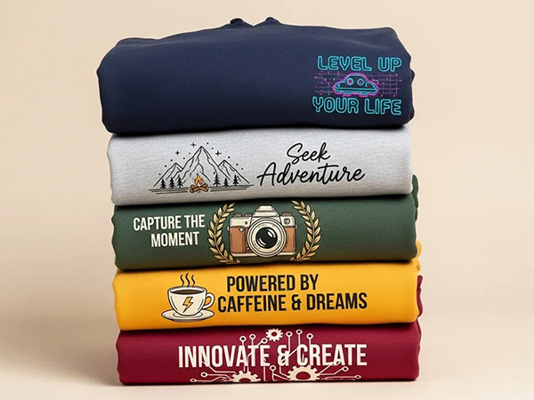 Stack of folded graphic sweatshirts in navy, gray, green, yellow, and burgundy