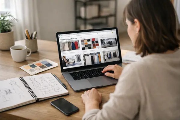 Designer reviewing clothing manufacturing references on laptop beside sketchbook and phone