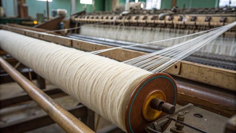 Industrial textile machine winding white yarn threads across a weaving production line