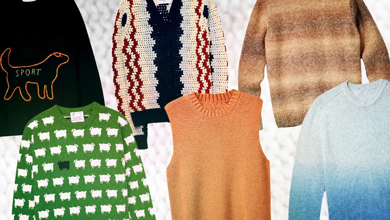 Assorted knit sweaters and vests in playful patterns, stripes, and soft textures.