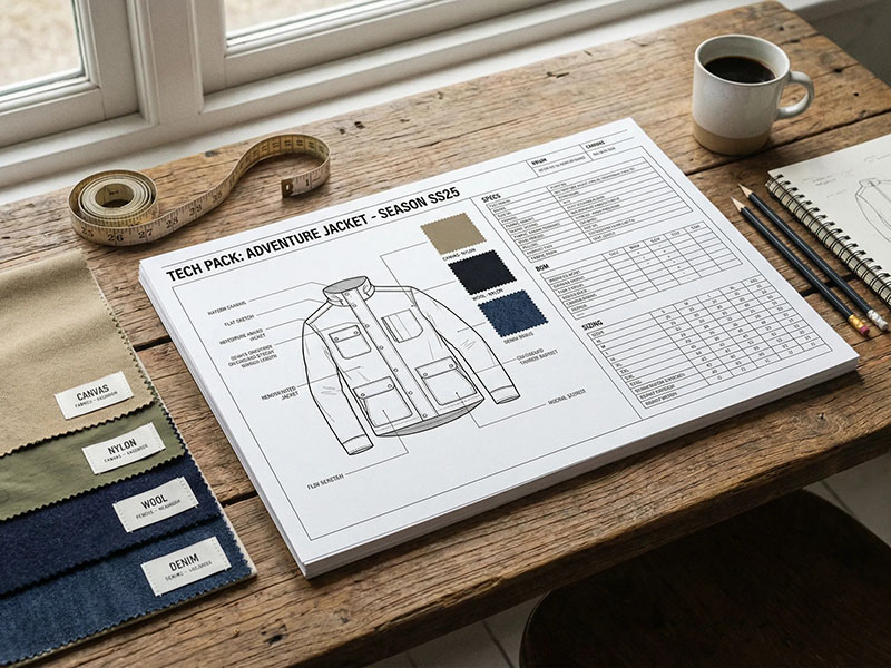 Apparel tech pack with jacket sketch, fabric swatches, measurements, and design notes on wooden desk