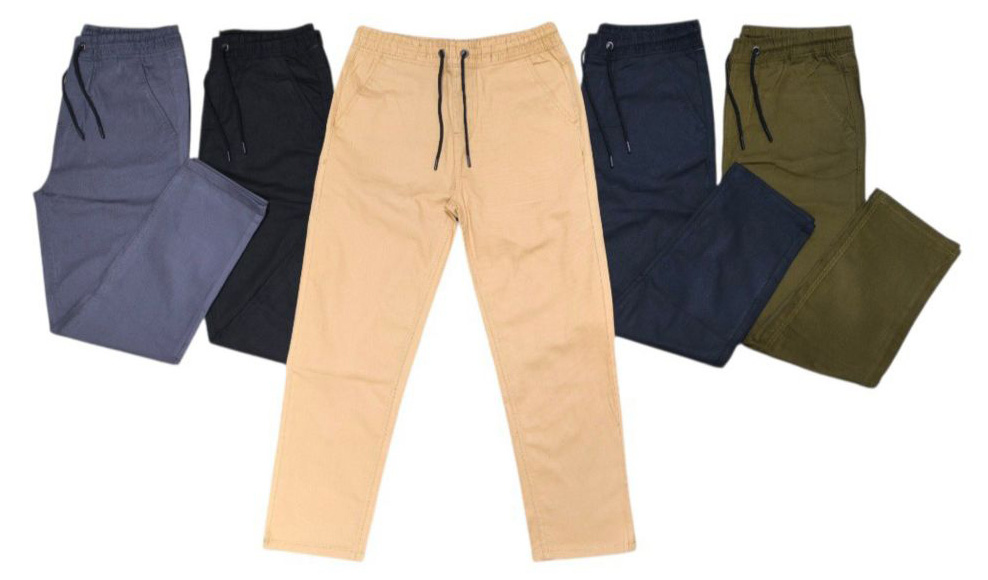 Jogger pants collection in beige, blue, black, navy, and olive tones.
