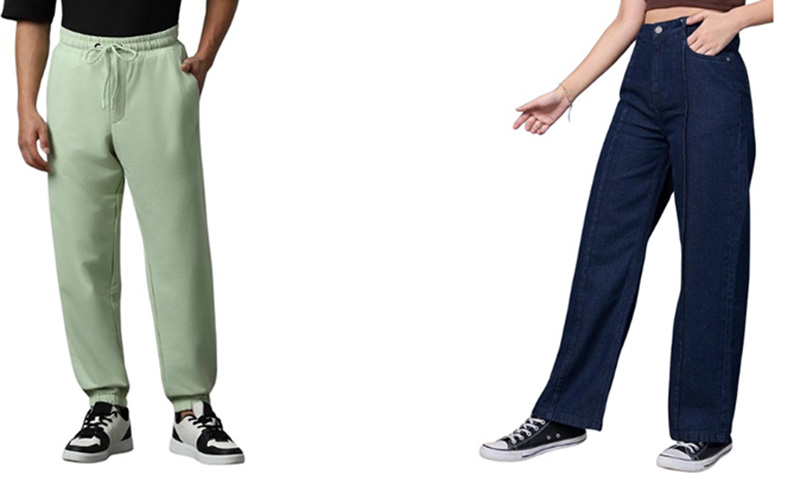 Side-by-side comparison of mint green joggers and dark wide-leg jeans.