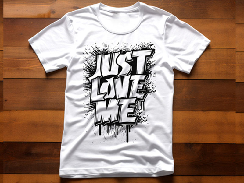 White graphic T-shirt with bold “Just Love Me” typography on wooden background