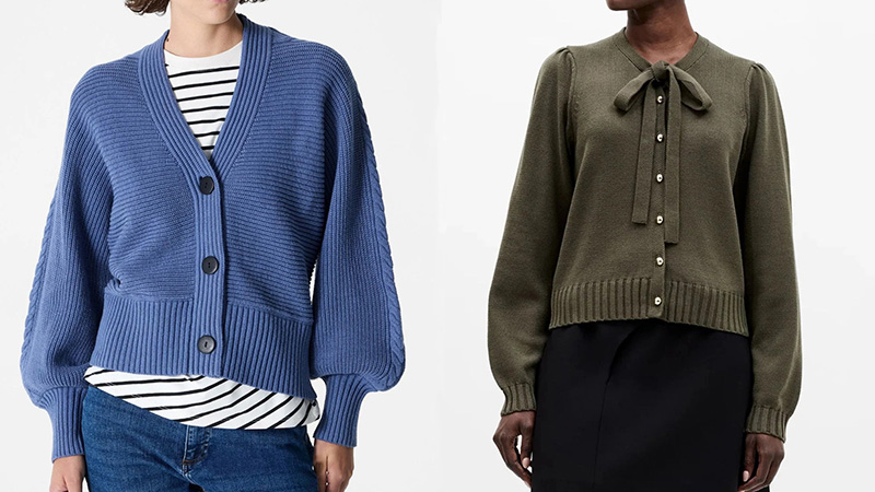 Two women modeling button-front knit cardigans in blue and olive green styles.