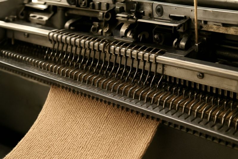 Industrial knitting machine producing beige knit fabric in close-up view