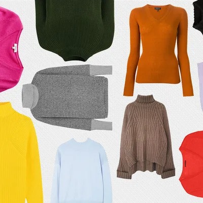 Collage of colorful knit sweaters, vests, and tops in assorted styles and cuts