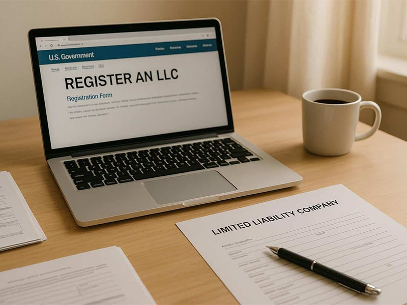 Laptop displaying LLC registration form beside legal paperwork, pen, and coffee mug