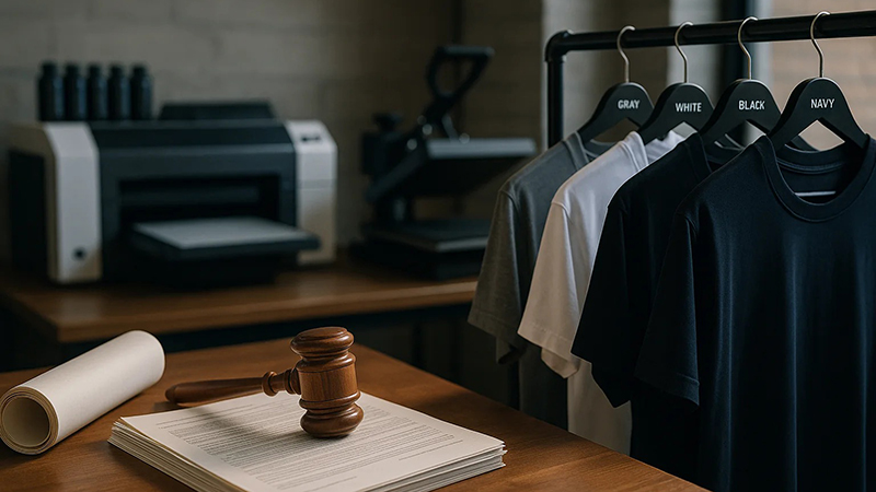 Wooden judge’s gavel resting on stack of legal documents on desk next to a row of t-shirts in black, white, gray, and navy, with printing equipment in the background.