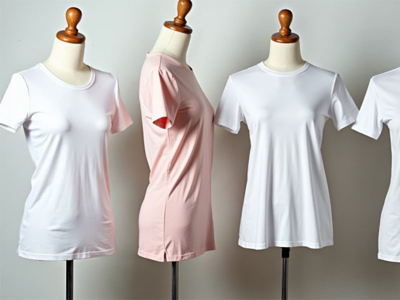 Four mannequins displaying fitted T-shirts in soft colors