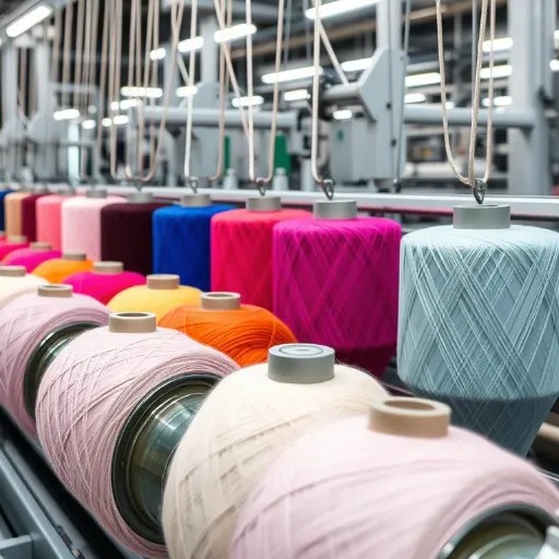 Colorful yarn spools lined up on industrial textile machine in manufacturing facility