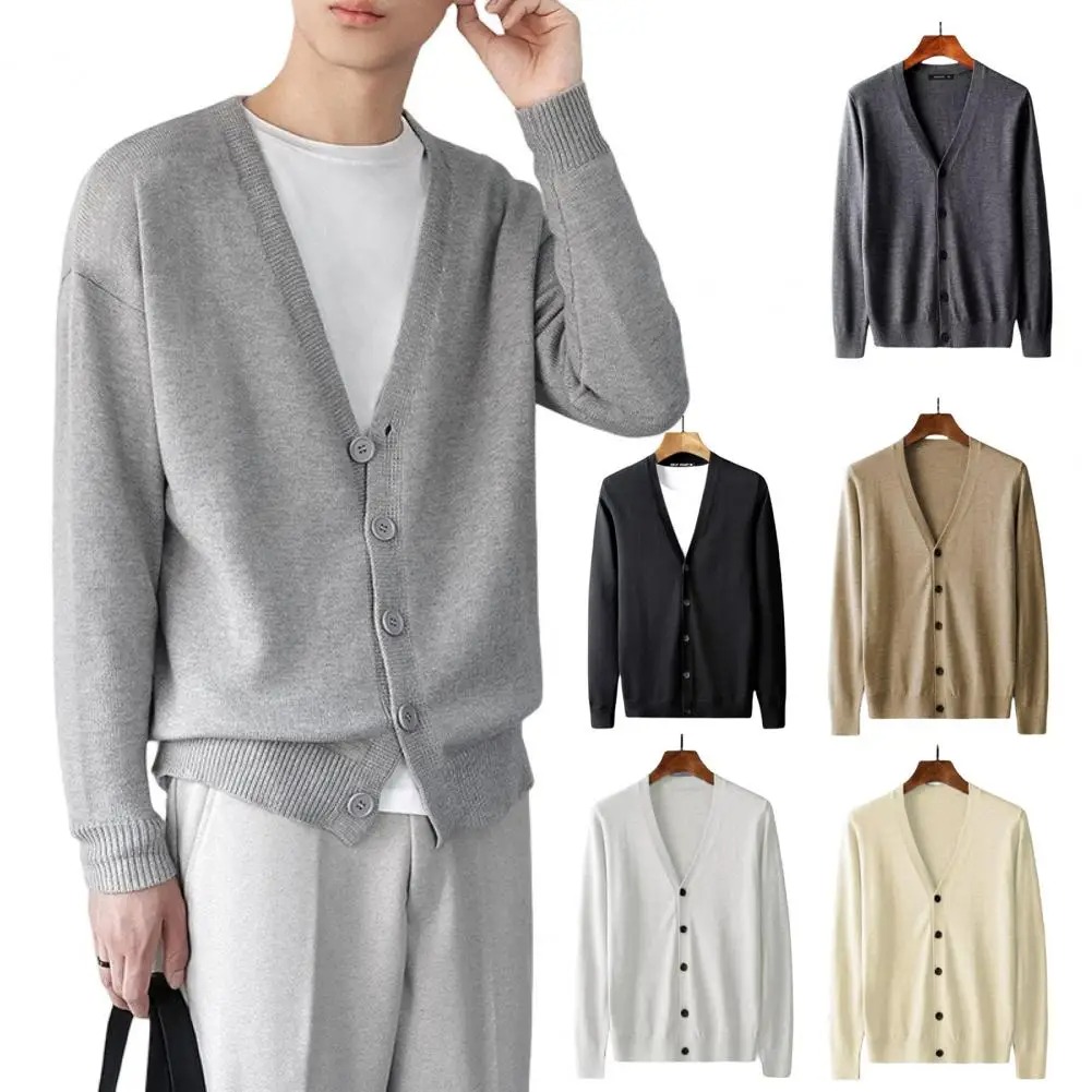 Man wearing a light gray V-neck cardigan with additional black, gray, beige, white, and cream color options shown beside him.