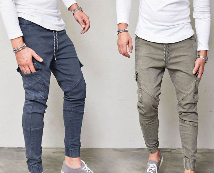 Men’s cargo jogger pants shown in blue and olive with slim tapered fit.