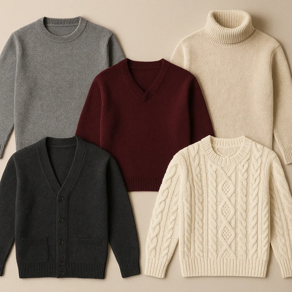 Five men’s knit sweaters displayed in gray, burgundy, cream, black cardigan, and cable-knit styles.