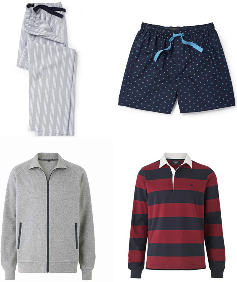 Men’s loungewear essentials including striped pajama pants, printed sleep shorts, gray zip jacket, and rugby shirt.