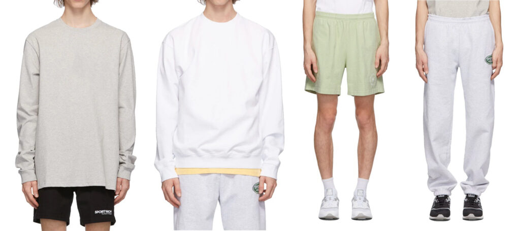 Men’s casual loungewear pieces including sweatshirts, shorts, and jogger pants in neutral pastel tones.