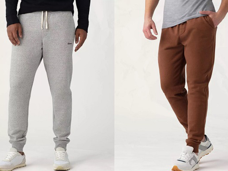 Men wearing tapered joggers in light gray and brown casual athletic styles.
