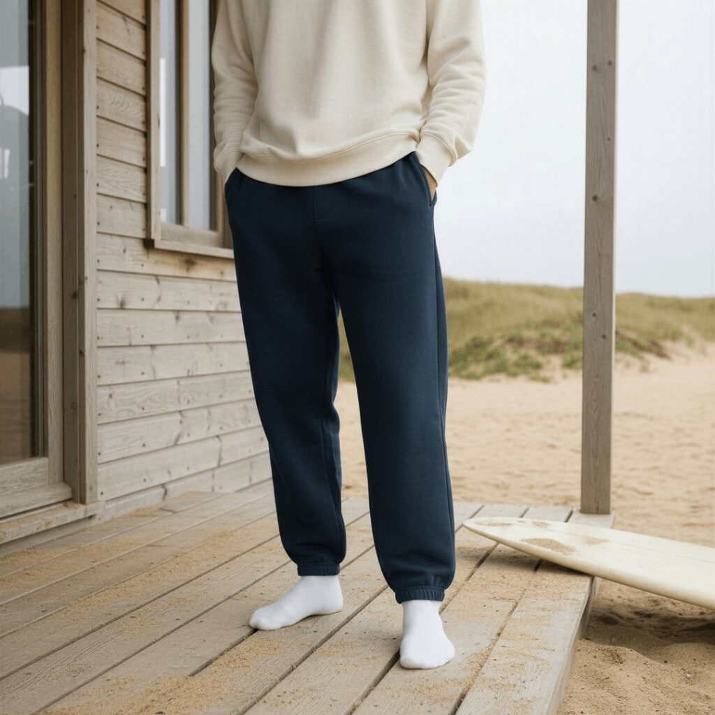 Person wearing navy jogger pants and cream sweatshirt standing on a beachside deck