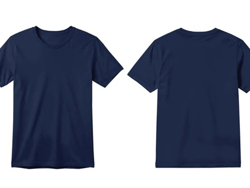 Navy blue T-shirt shown front and back on plain background