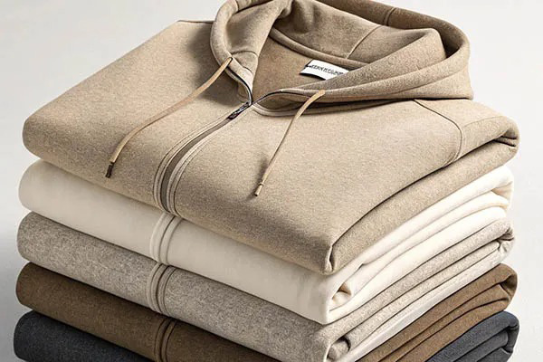 Stack of neutral zip-up hoodies folded neatly in beige, cream, gray, and brown tones.
