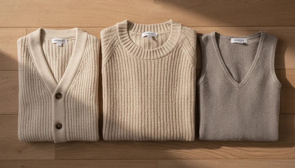: Folded neutral knitwear including cardigan, sweater, and vest arranged on wooden floor