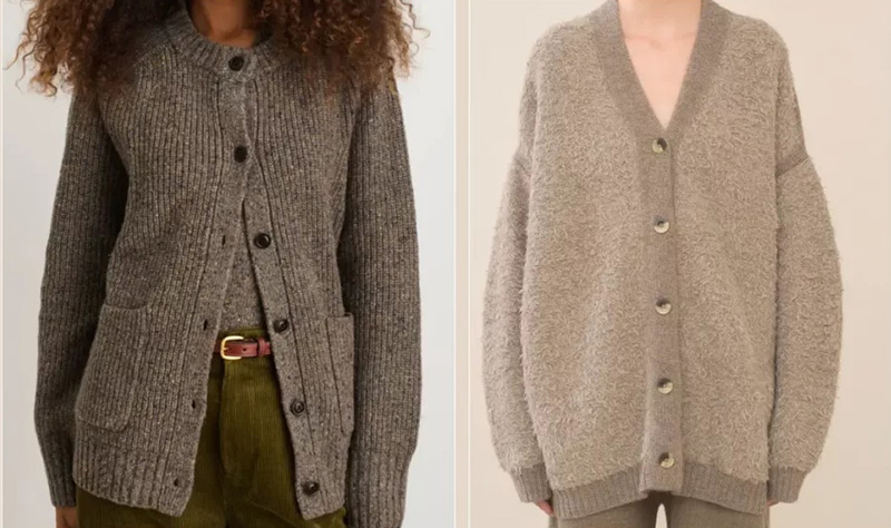 Two women wearing button-front knit cardigans in gray and taupe oversized styles.