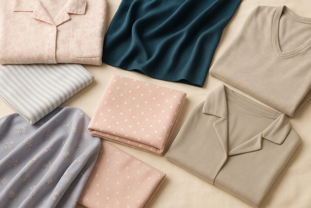 Assorted soft Pajama fabrics and folded sleepwear pieces in pastel prints and neutrals.
