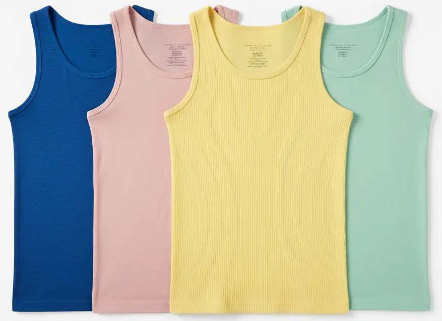 Four sleeveless tank tops in blue, blush pink, pale yellow, and mint green.