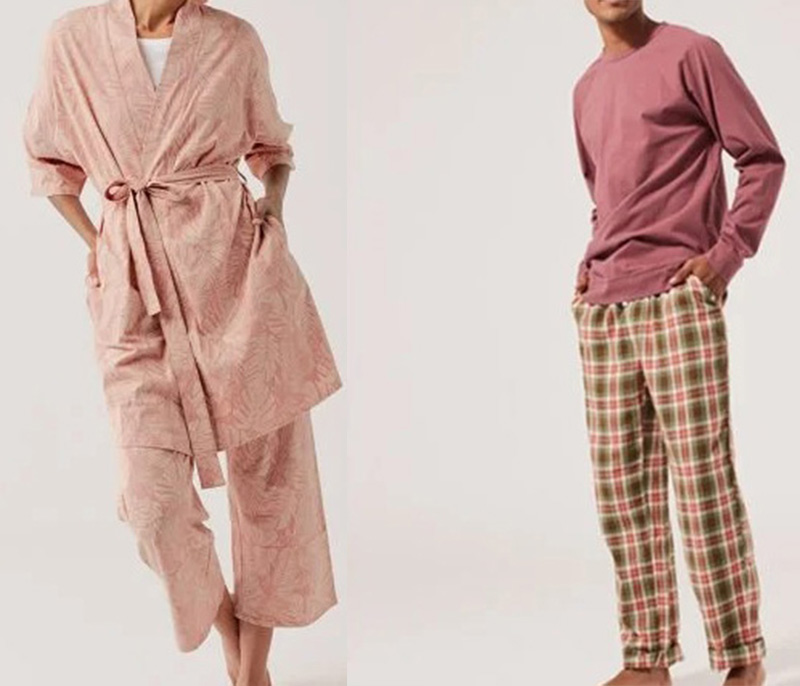 Two loungewear looks featuring a pink robe set and plaid pajama pants.