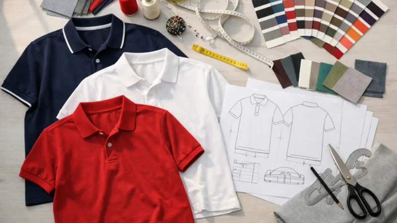 Polo shirts with design sketches, fabric swatches, color cards, and tailoring tools on workspace