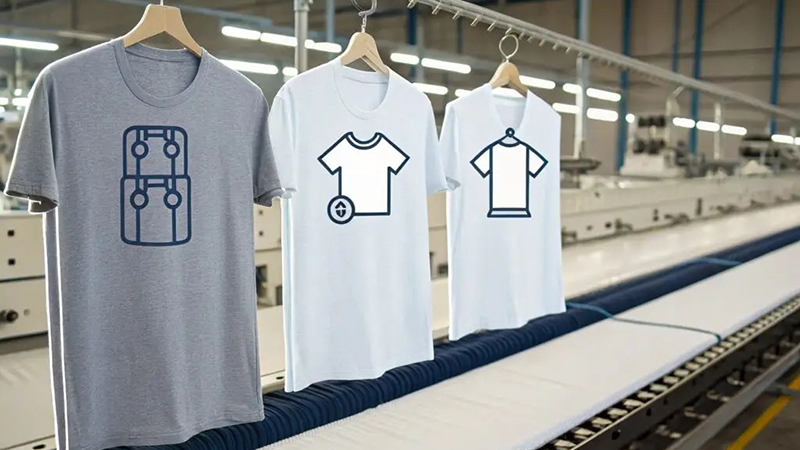 Printed T-shirts hanging above conveyor line in modern garment factory
