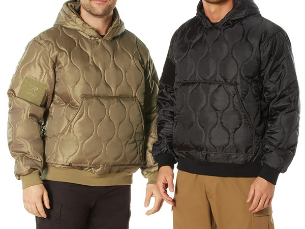 Two men wearing quilted pullover hoodies in olive green and black.