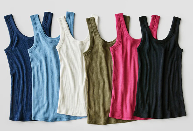 Six ribbed tank tops in navy, light blue, white, olive, pink, and black.