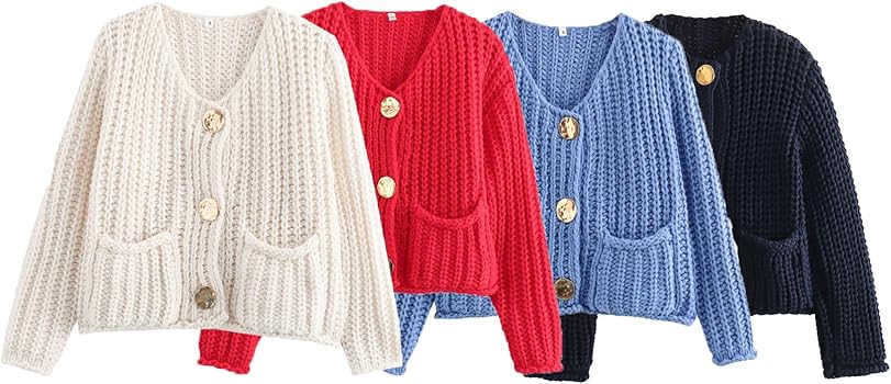 Four knitted cardigans in different colors arranged in a row.