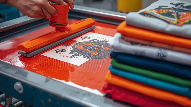 Hand screen printing graphic design onto fabric with colorful folded T-shirts stacked nearby