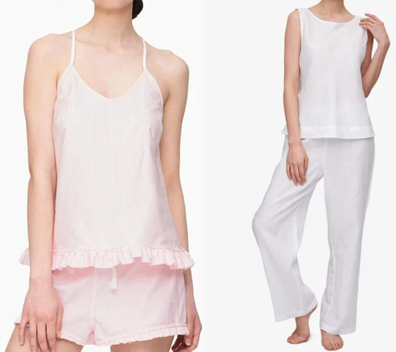 Two women modeling lightweight sleepwear sets in blush pink and white.