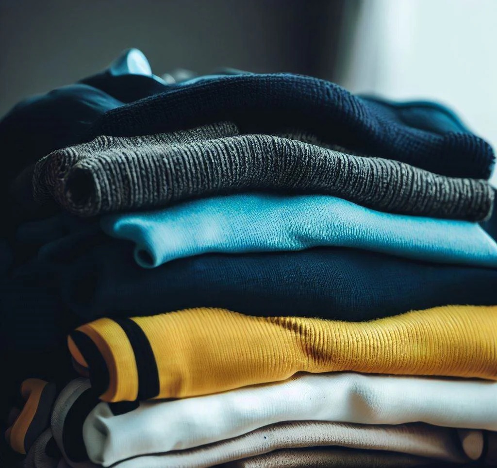 A neatly stacked pile of folded clothing in various colors and textures.