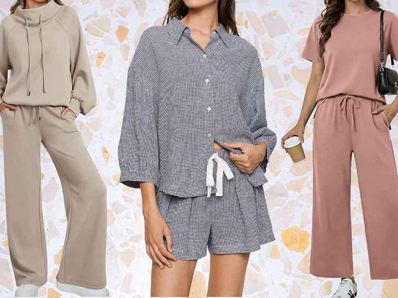 Three women wearing relaxed loungewear sets in beige, gingham, and dusty rose tones.