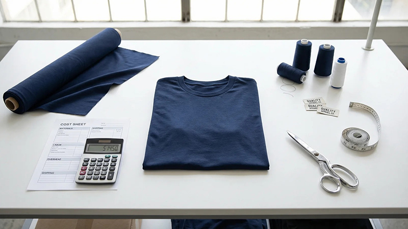 Folded navy T-shirt with fabric roll, calculator, thread spools, scissors, and measuring tape on workspace