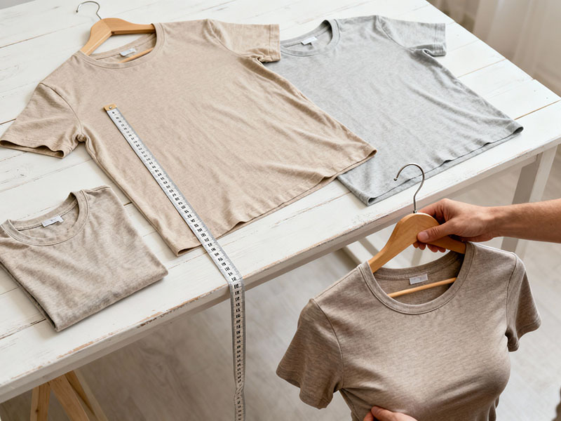 Neutral-tone T-shirts arranged on table with measuring tape for sizing and selection