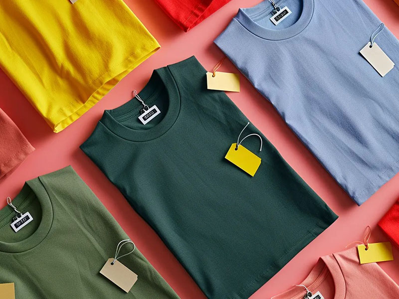 Folded colorful T-shirts with blank tags arranged on pink background