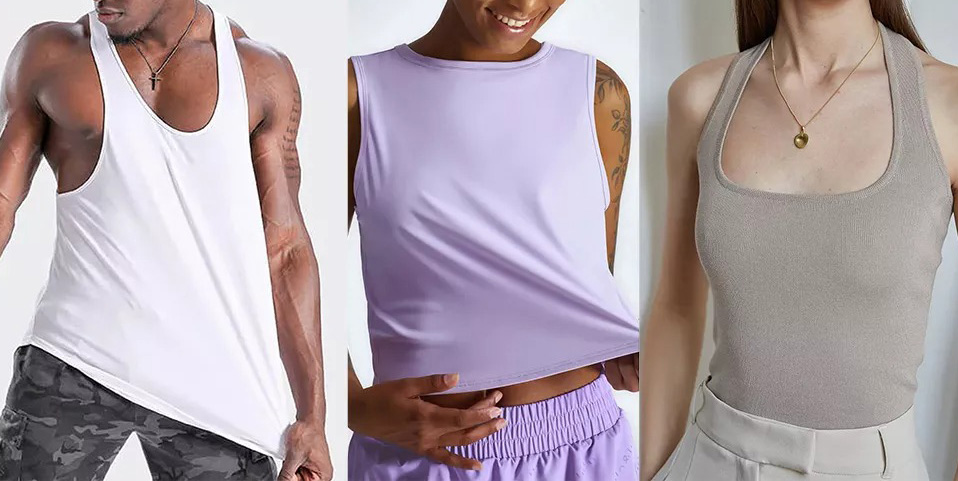 Three people modeling tank tops in white, lavender crop, and taupe halter styles.